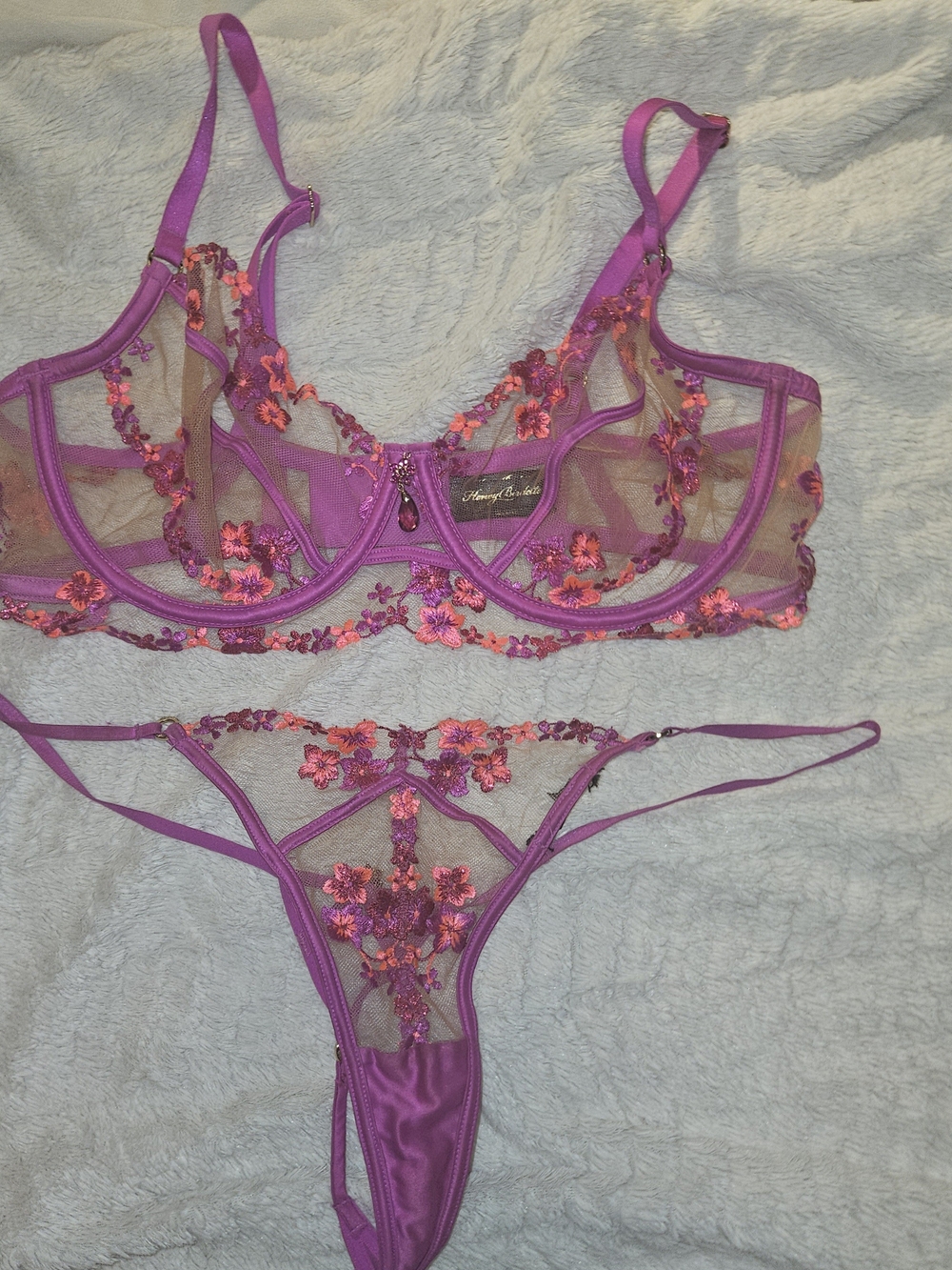 Honey Birdette Sheer Fuchsia Bra & Thong Set with Coral Floral Embroidery